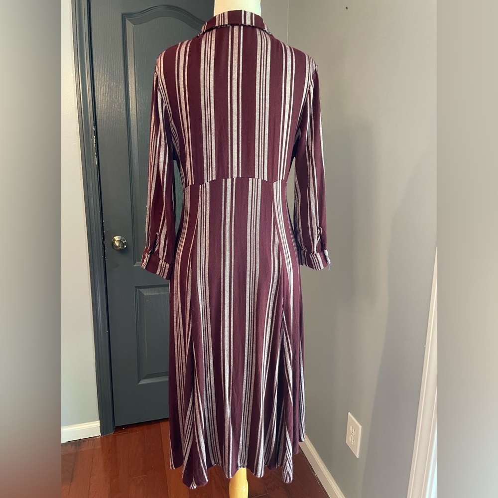 Altar’d State Striped Button Down Burgundy Retro Pin Up Midi Dress - Picture 3 of 11